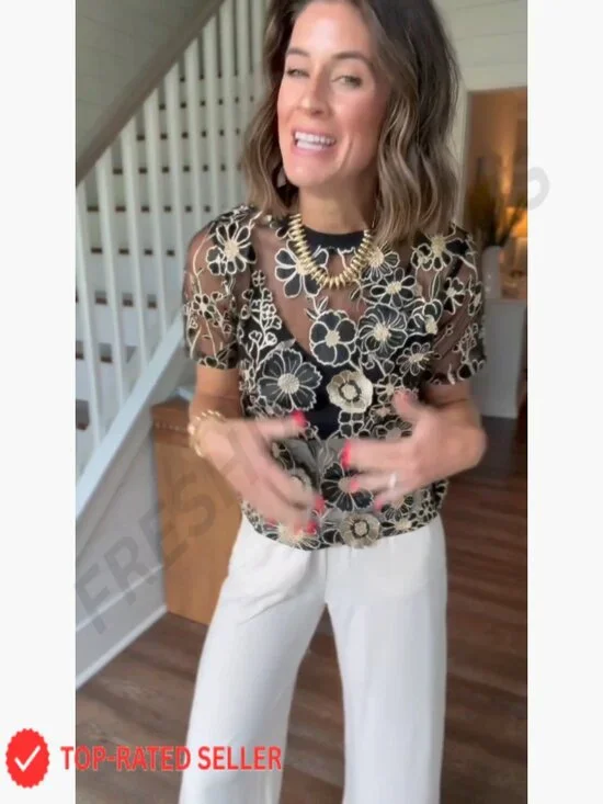 Sheer Lace Blouse 3D Embroidered Floral Short Sleeve Crew Neck Chic Top - Picture 6 of 6